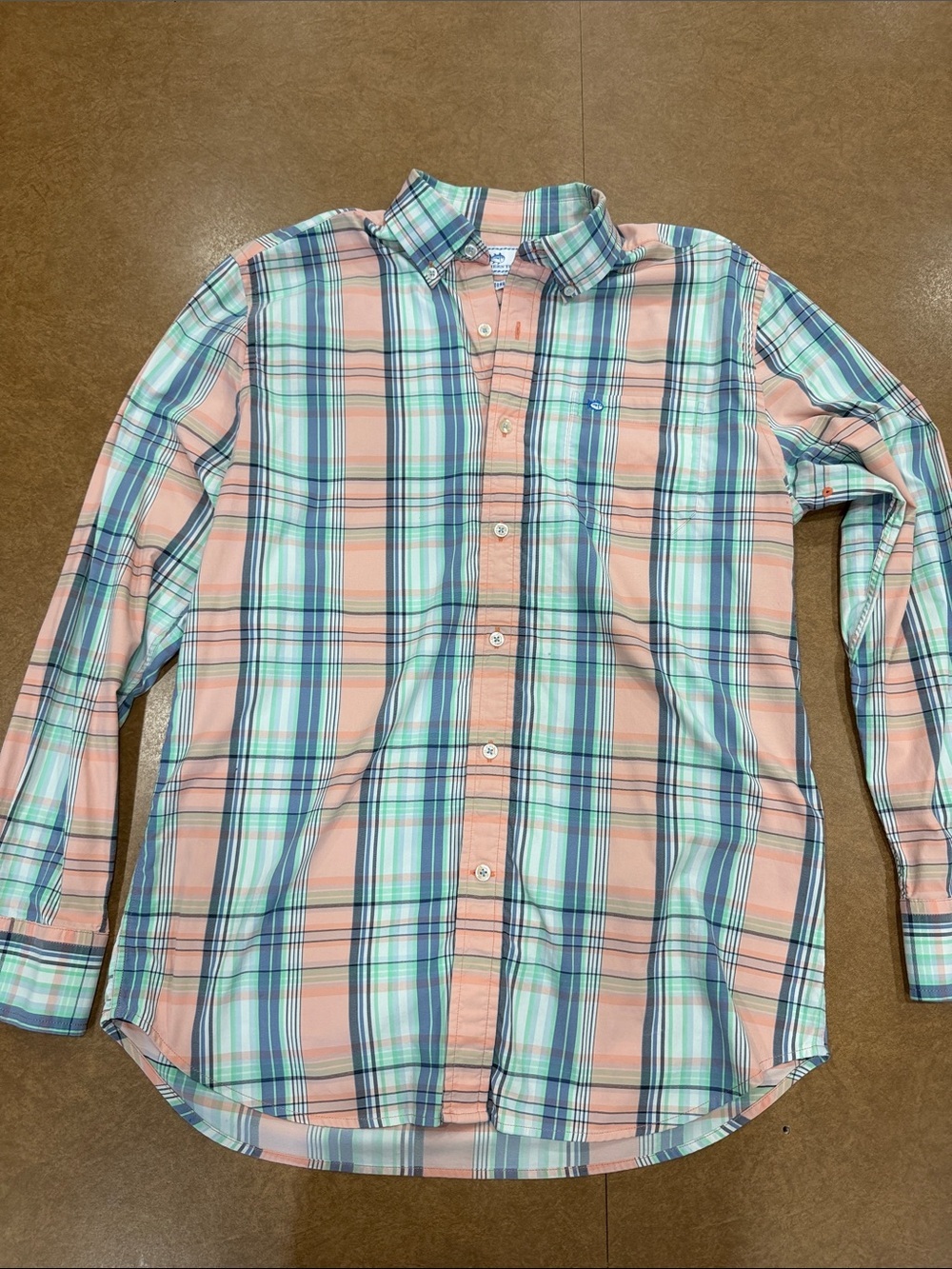 Southern Tide Performance Fit Peach and Mint Plaid Button-Down Shirt Medium